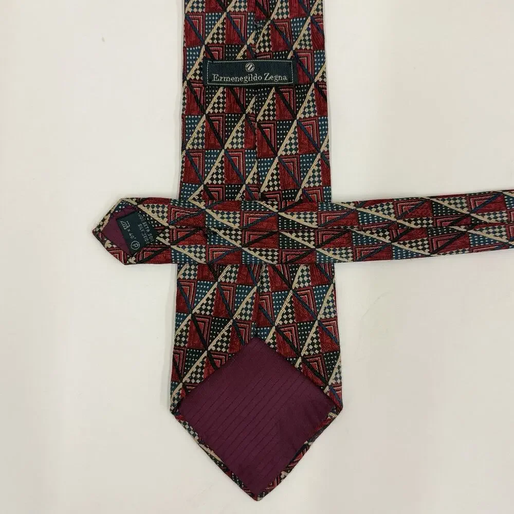 Ermenegildo Zegna Mens Silk Tie Geometric Triangle Burgundy Blue Tan Italy